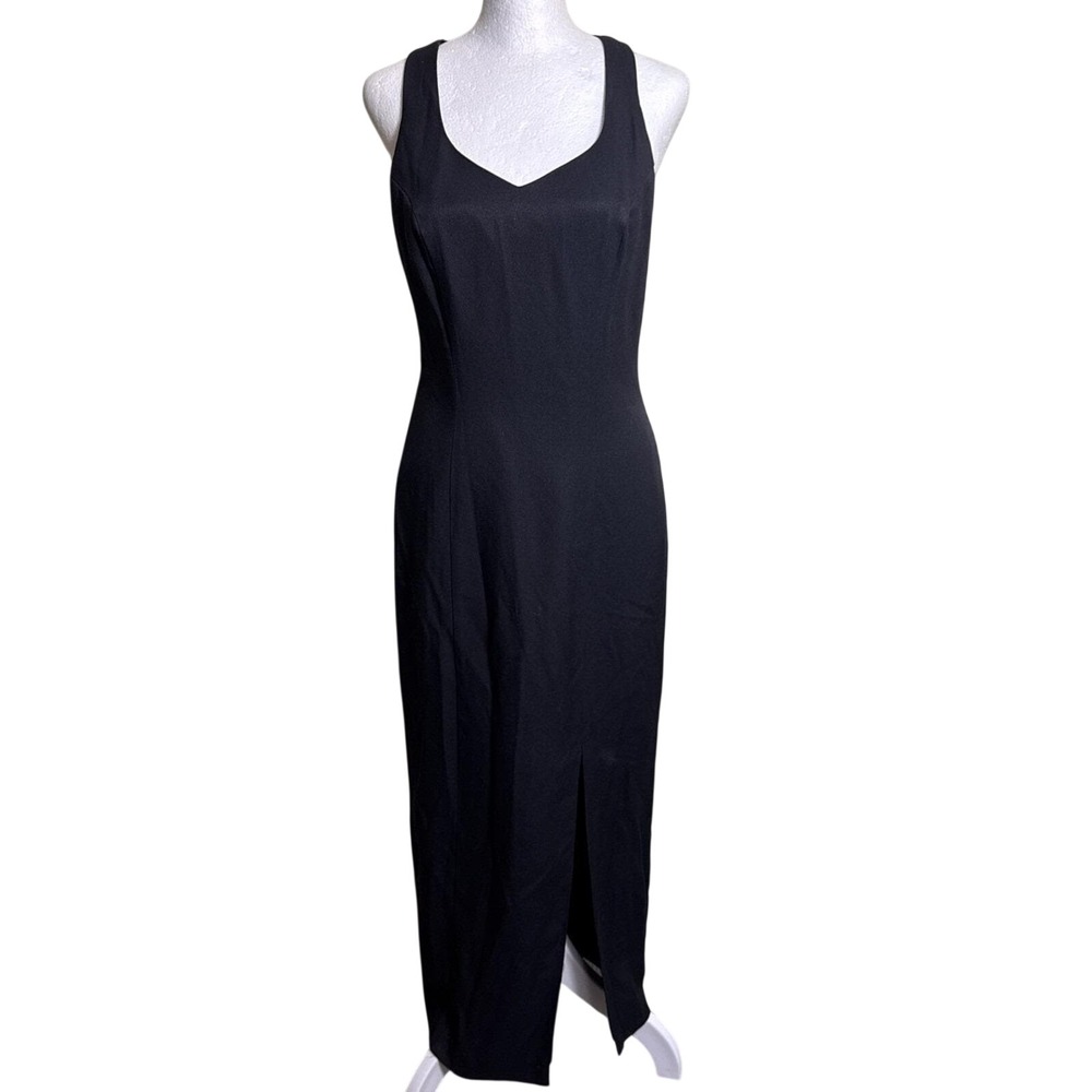 CDC Vintage Black Criss Cross Back Maxi Dress Front‎ Slit 6 Made in USA EAK752